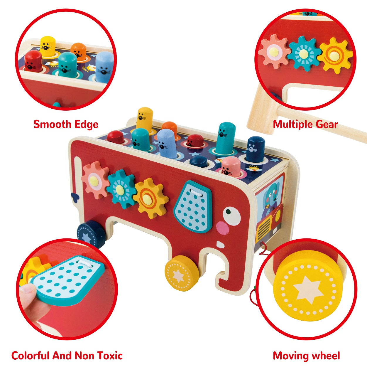 Montessori-Inspired Wooden Elephant Knocker Toy with Wheels