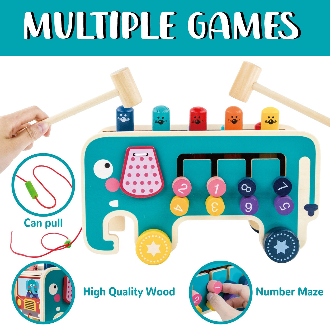 Montessori-Inspired Wooden Elephant Knocker Toy with Wheels